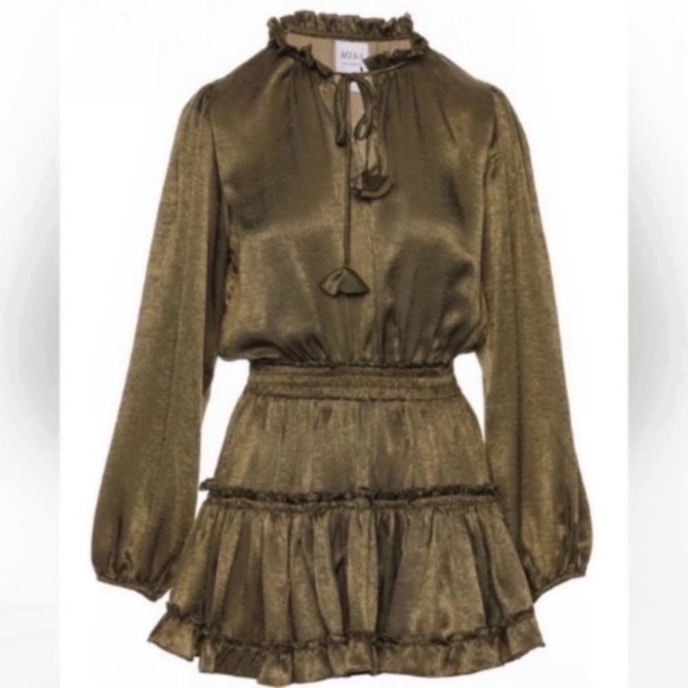 ✅ NWT Misa Los Angeles Dress Lorena Mini Tiered in Olive Green Satin - Picture 3 of 8